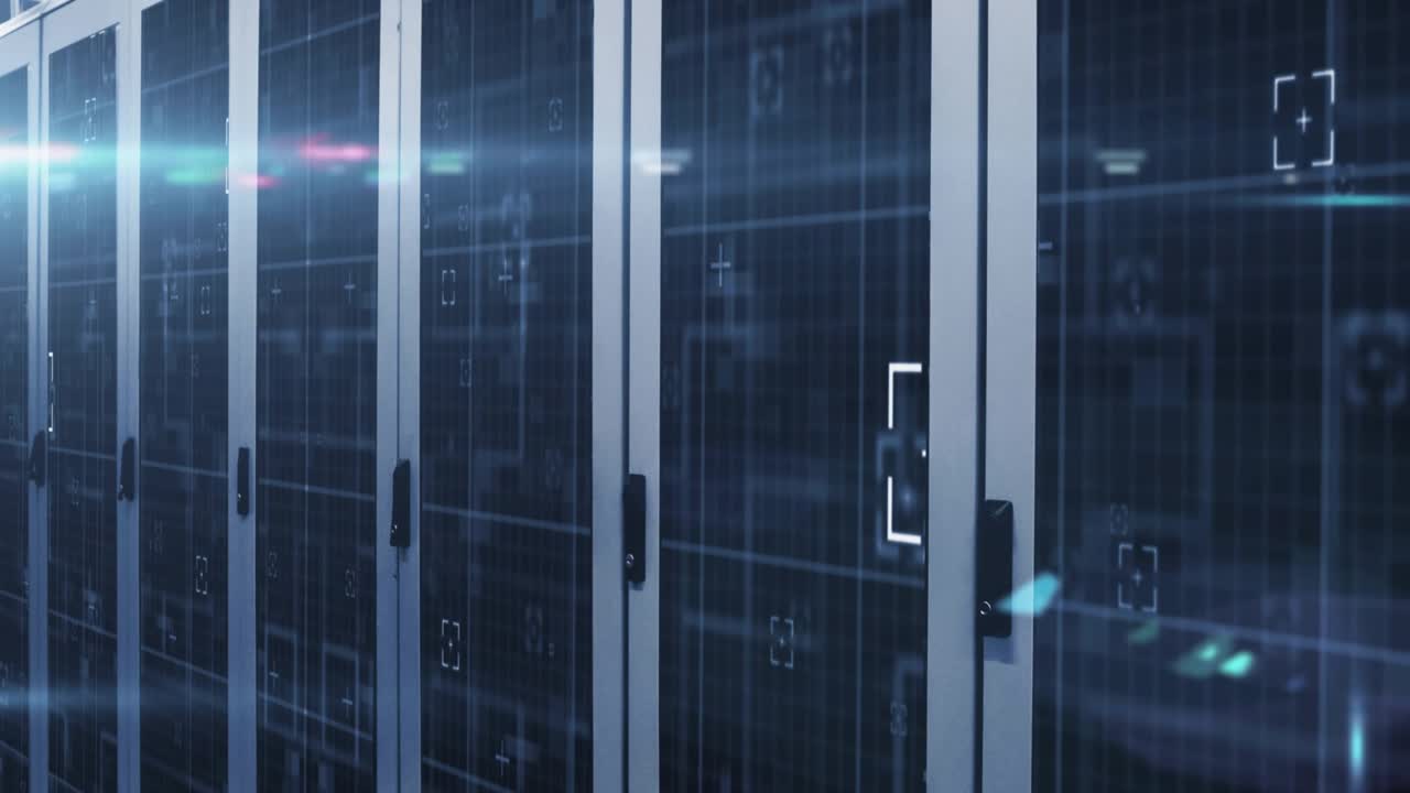 Scan starting, HUD overlay growing over rack row, pulsing lines showing data flow settling
