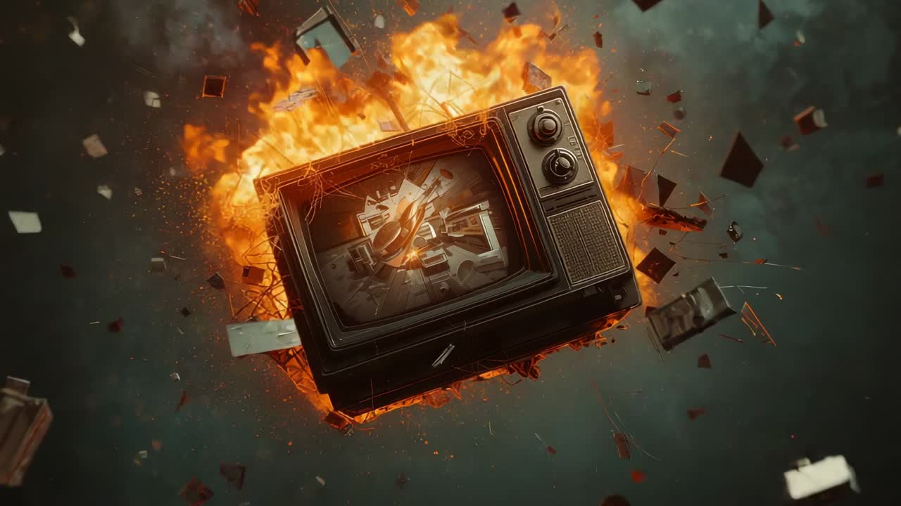 Vecchia TV CRT che scintilla e brucia in uno spazio buio e fumoso, con un anello di fiamme che proietta schegge e un emblema luminoso.