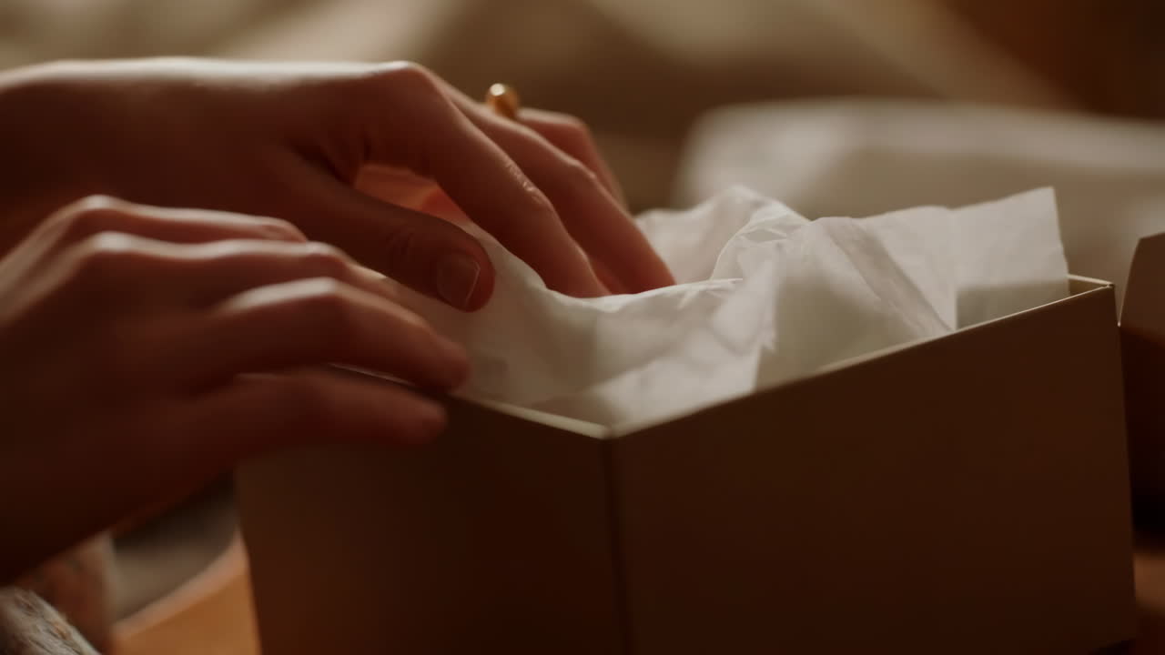 Hands opening a gift box with white tissue paper