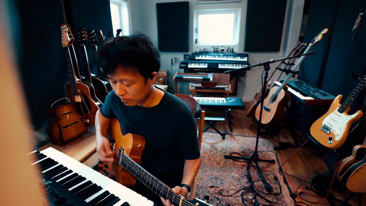 Musician playing guitar in a recording studio