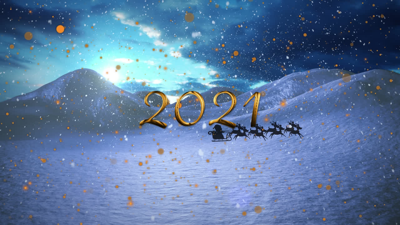 animación de nieve cayendo, texto de 2021, trineo y renos sobre el paisaje de invierno