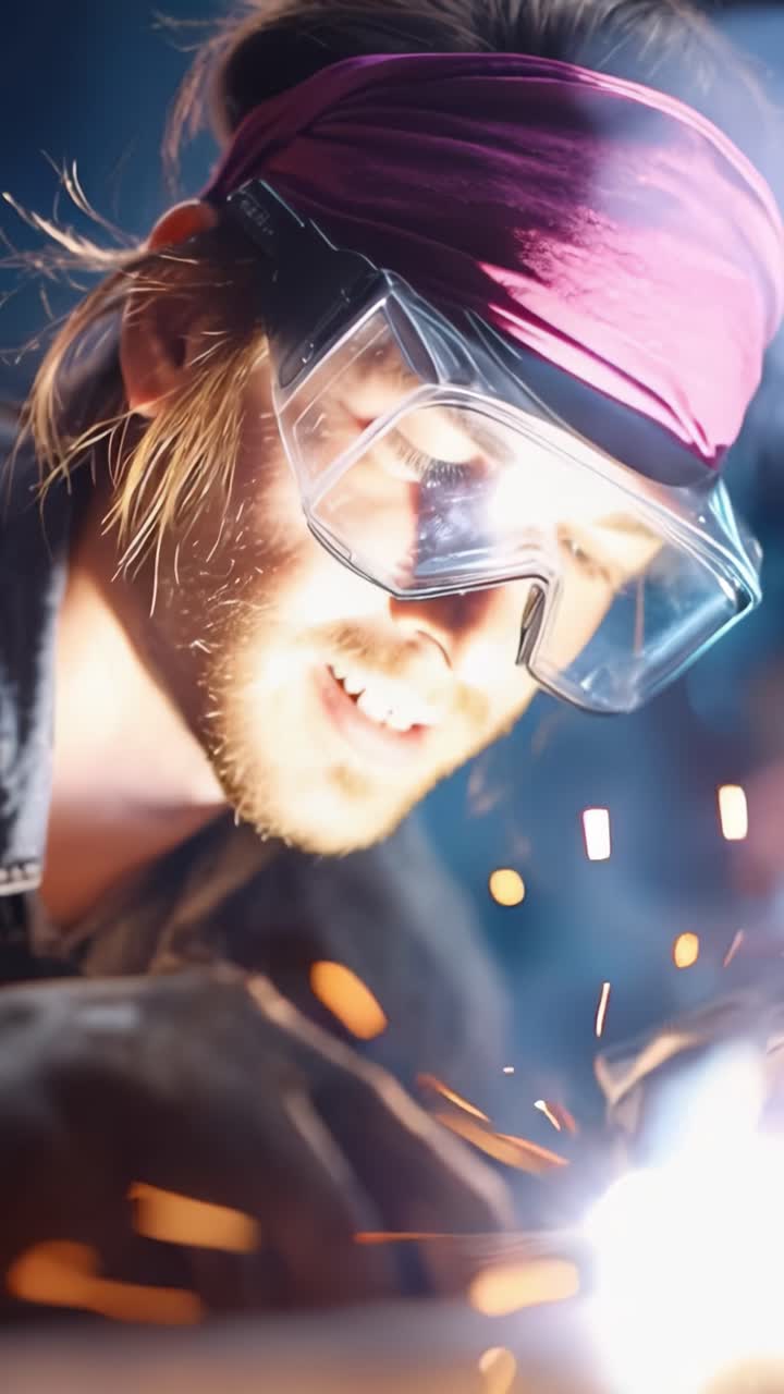 Focused Craftsman Engaged in Precision Metalworking, Sporting Protective Gear for Safety Amidst Glittering Sparks and Blue Smoke in Depth of Workshop Environment