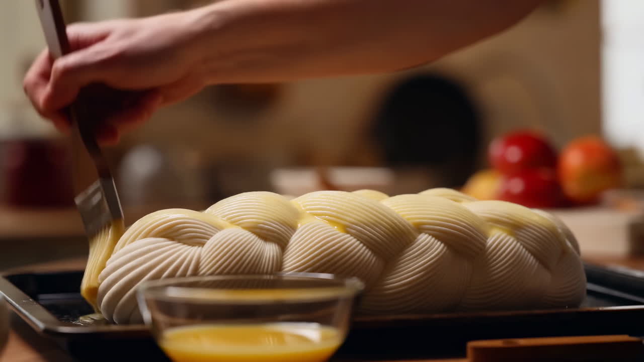 Braided Dough Brushed With Egg Yolk, Warm Home Kitchen Scene With Bakers Hands, Bowl Of Beaten Yolk On Wooden