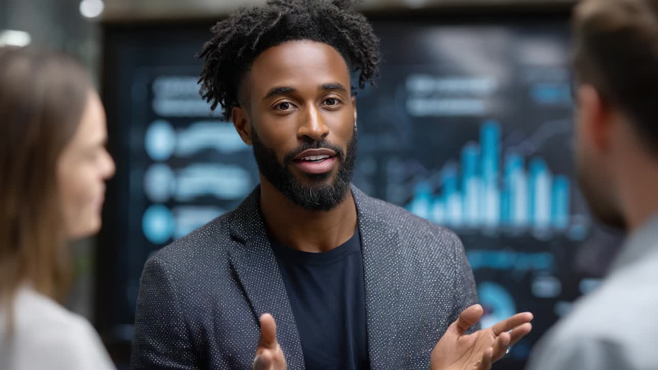 Engaging Business Presentation with a Confident Speaker Demonstrating Key Insights and Data Visualizations while Interacting with Attentive Audience Members in a Professional Setting