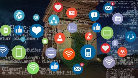 animation of data processing with globe and icons over cityscape