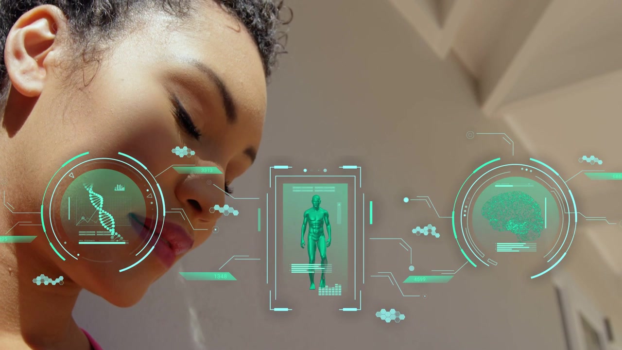 Woman tapping phone and swiping, revealing teal HUD with DNA, silhouette, brain, monitoring health