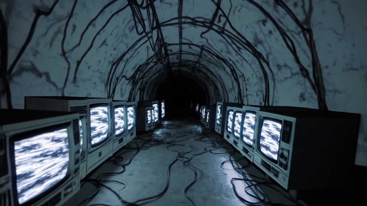 Dark tunnel with vintage televisions displaying static, illuminated by eerie lighting, creating a surreal atmosphere of technology and decay in a continuous motion sequence