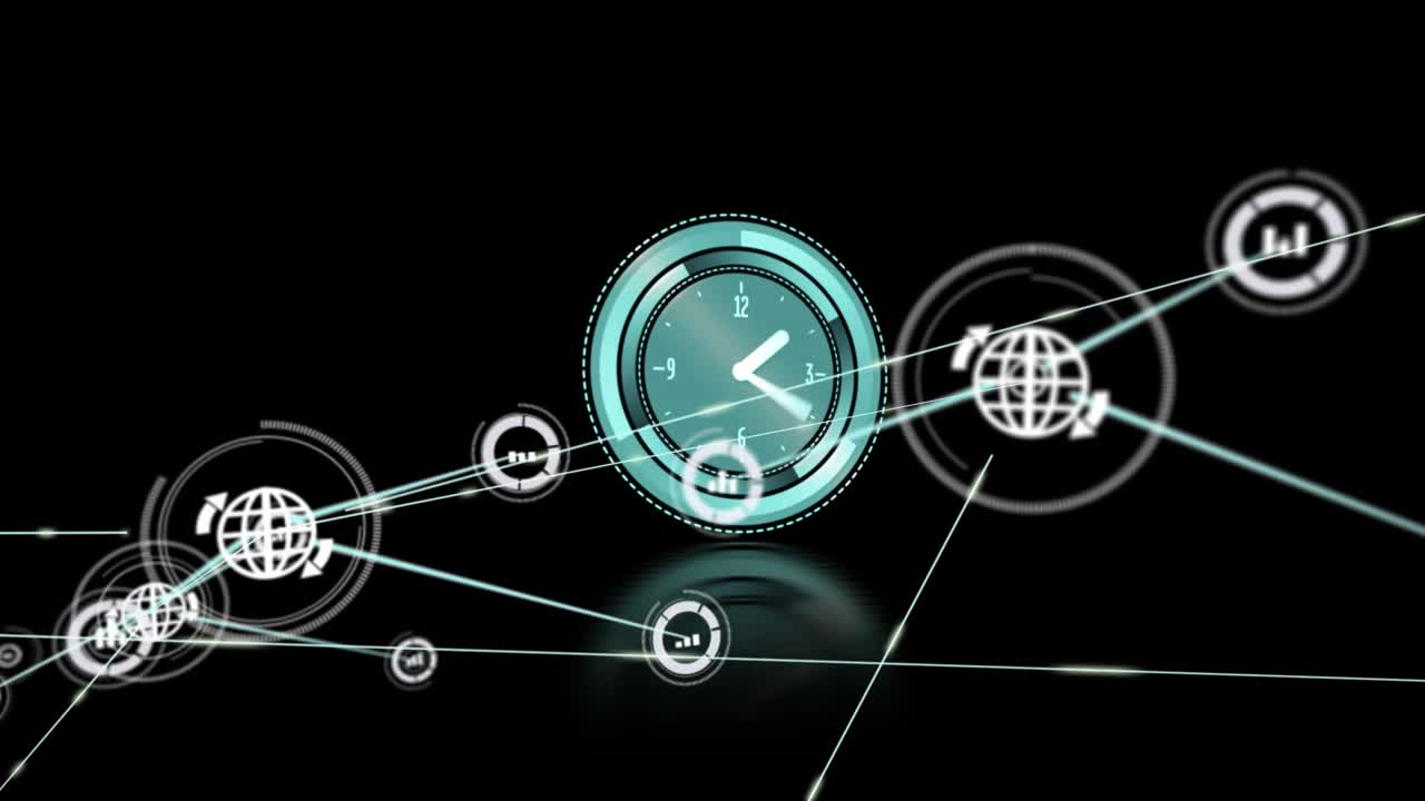 Video digitale che presenta un concetto di rete globale con connessioni animate su un orologio.