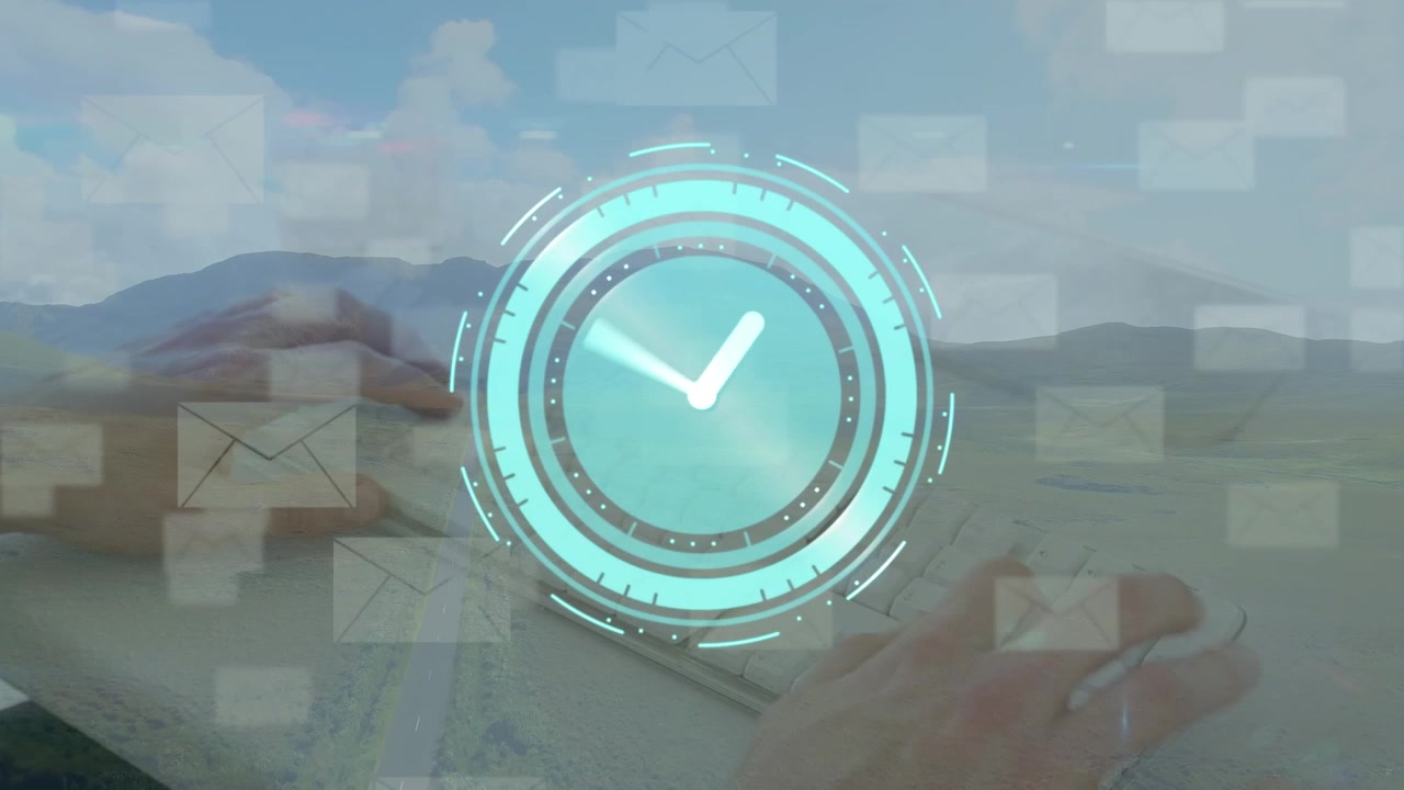 Animation of moving clock and envelope icons over hands typing on keyboard and landscape