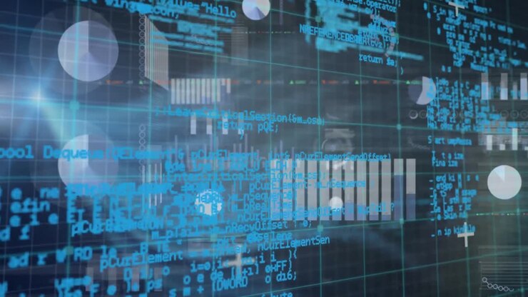Animation of statistical data processing and blue light spot against grey background