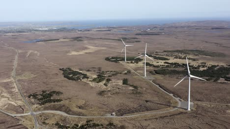 toma de un dron de un parque eólico con turbinas eólicas giratorias que generan energía verde y sostenible