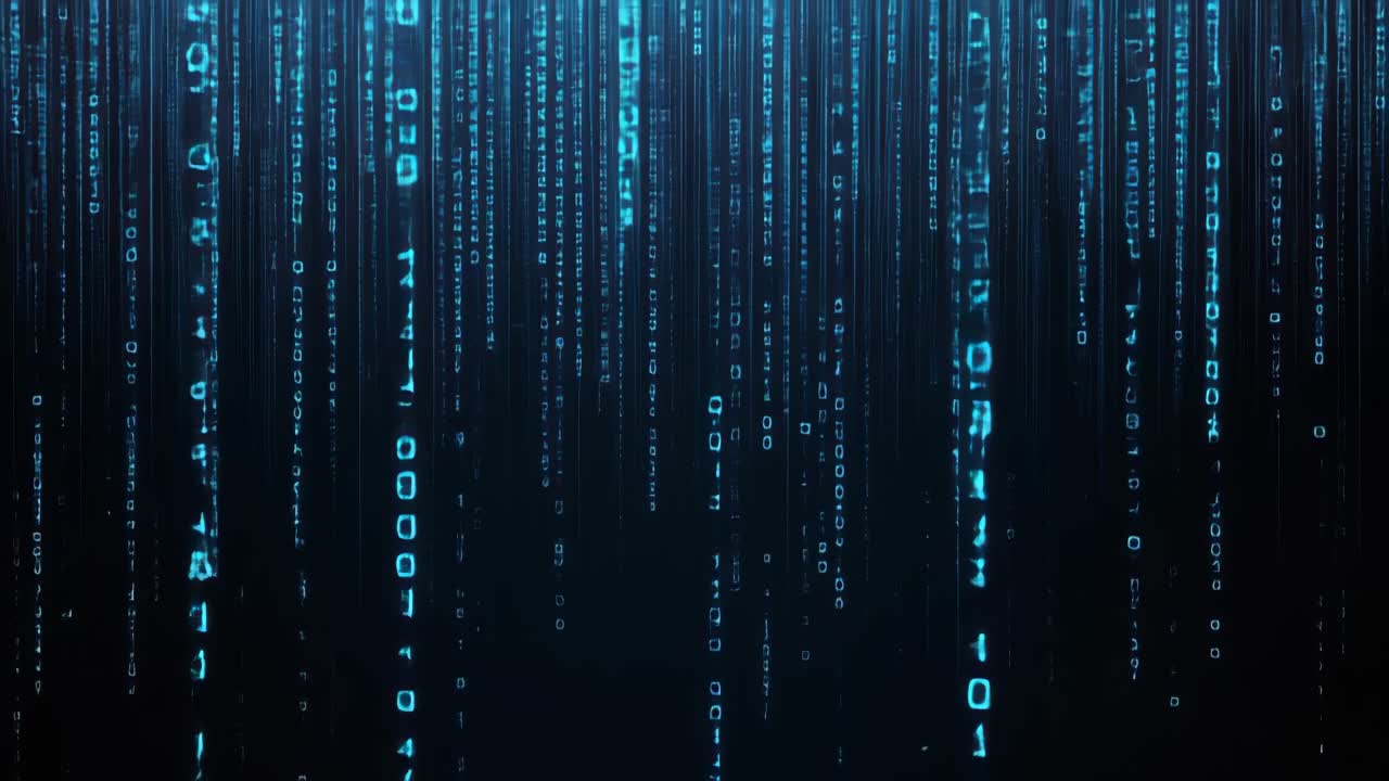 Futuristic digital rain effect with glowing blue lines and symbols, viewed from a straight-on angle