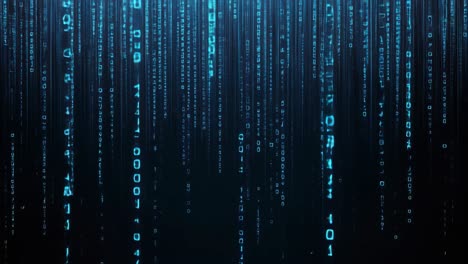 futuristic digital rain effect with glowing blue lines and symbols, viewed from a straight-on angle