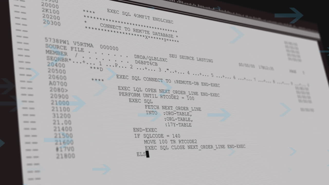 Animation of multiple arrows over data processing on computer screen