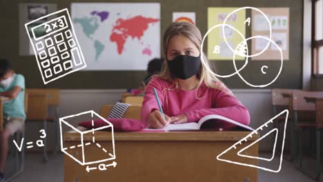 Animation-of-school-items-icons-moving-over-schoolchildren-wearing-face-masks