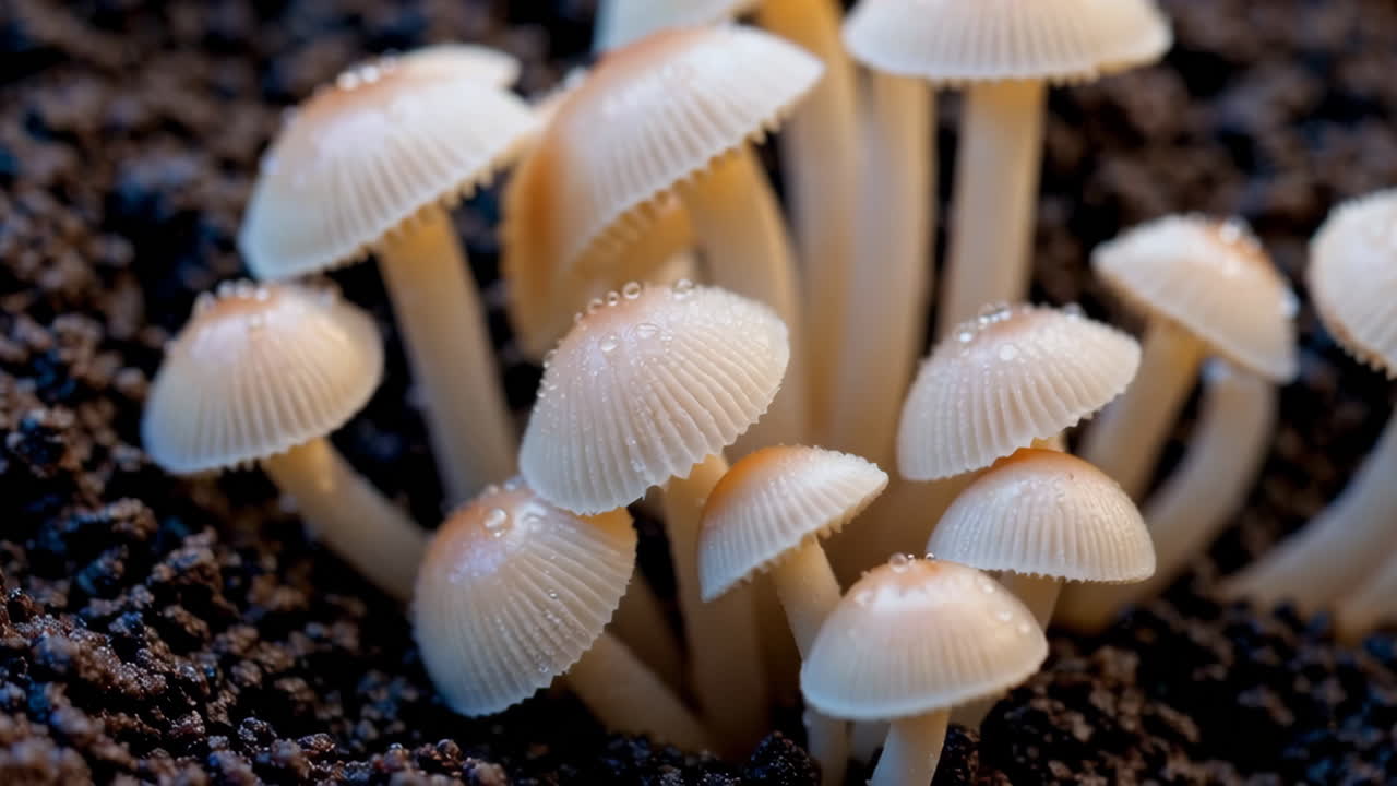 Close-up of Small Mushrooms with Water Droplets on Dark Soil