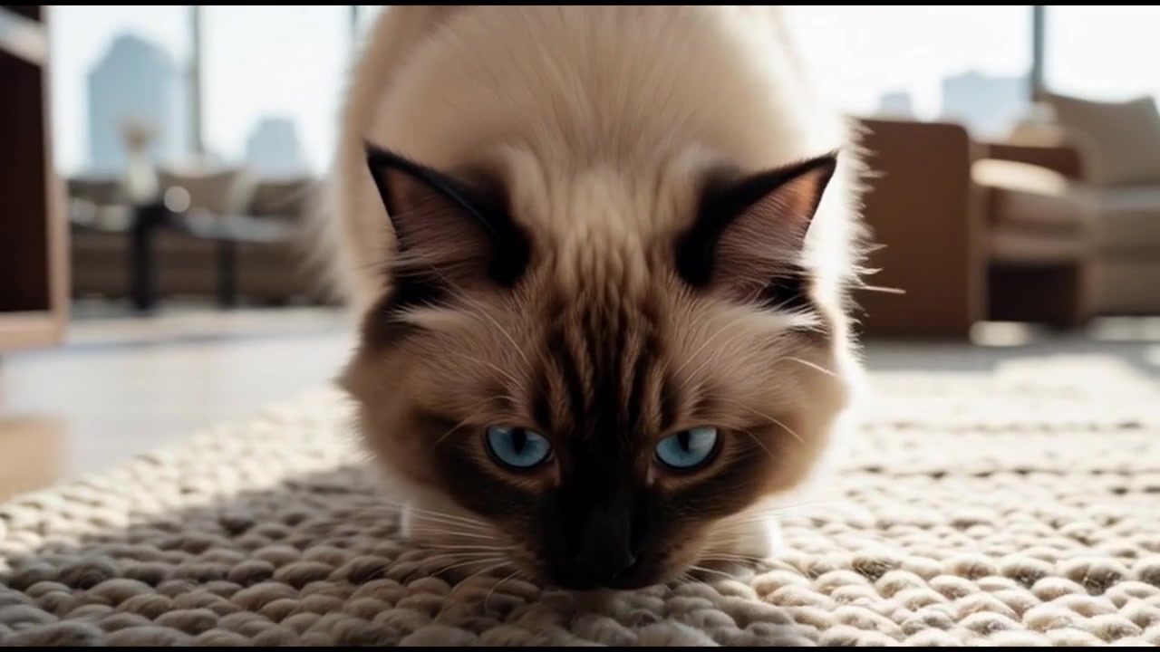 Gatto Ragdoll che cammina ed esplora in un moderno appartamento di lusso