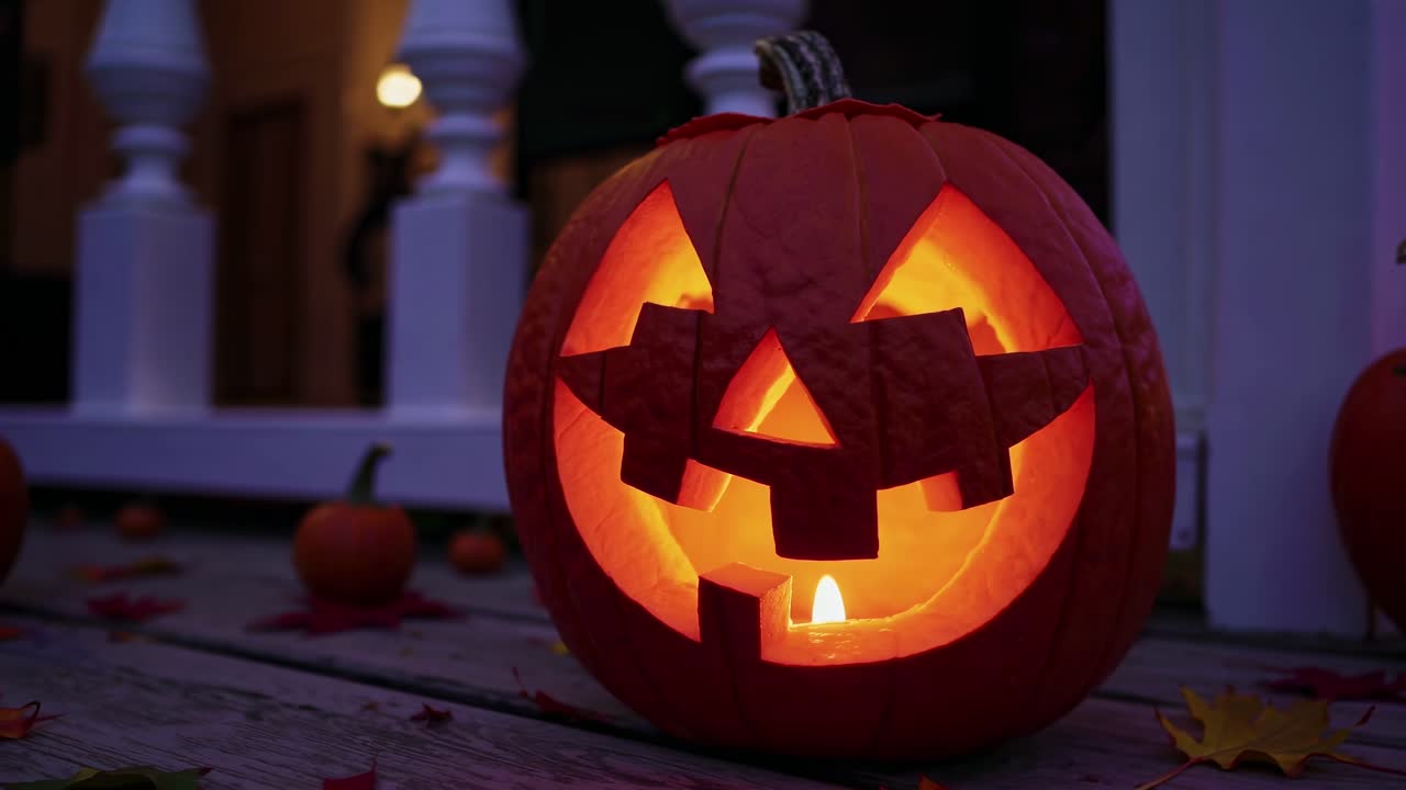 Close-up, eye-level shot of a glowing jack-o'-lantern on a porch, capturing a spooky Halloween vibe
