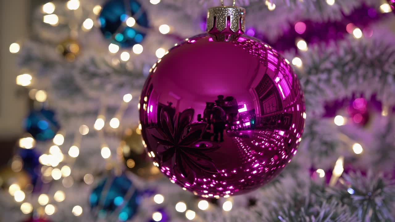 A festive video scene of a decorated Christmas tree with pink and blue ornaments