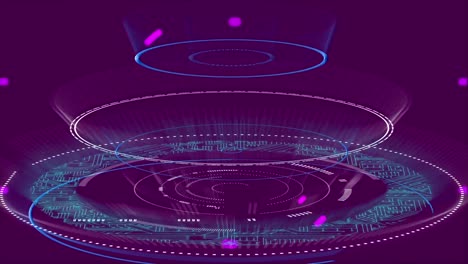 Digital-animation-of-purple-abstract-shapes-over-multiple-round-scanners-and-green-digital-waves