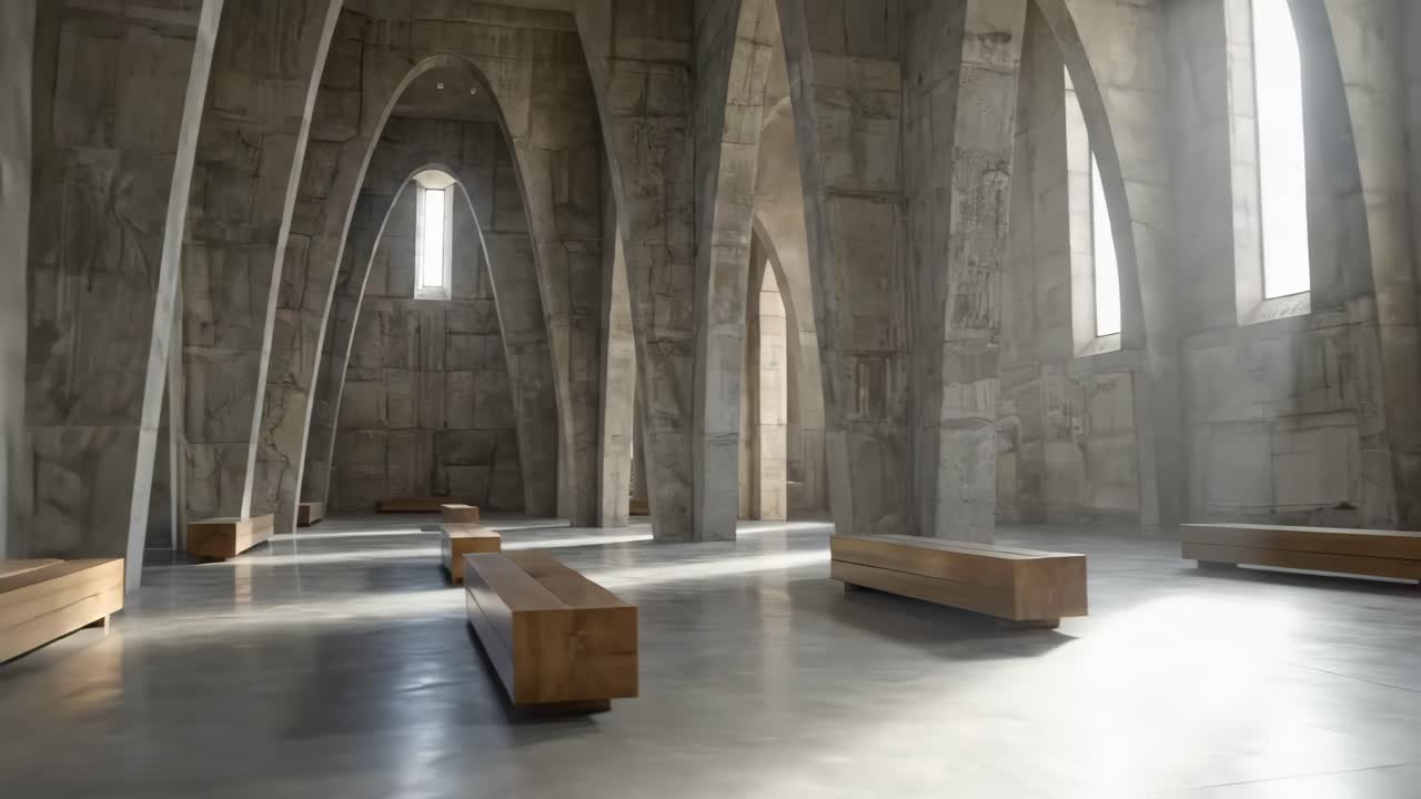 Modern Concrete Hall with Arches, Benches, and Sunlight