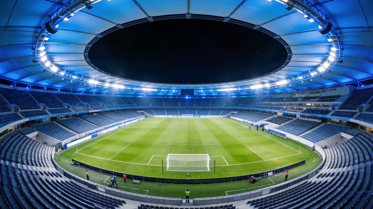 Mostrando lo stadio illuminato da luci blu sul tetto, personale in alta visibilità che ispeziona il campo e la porta per controlli.