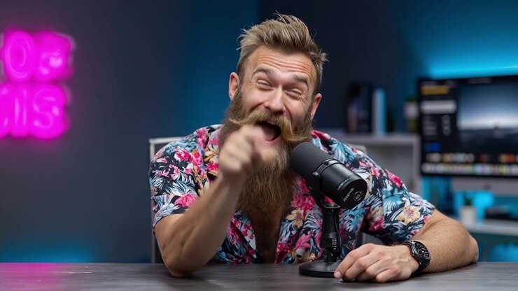 Smiling bearded man in a floral shirt pointing at the camera behind a studio microphone