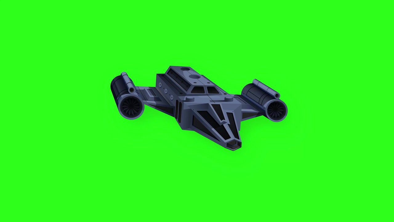 A dark grey 3D spaceship model floats and rotates slowly against a green screen.
