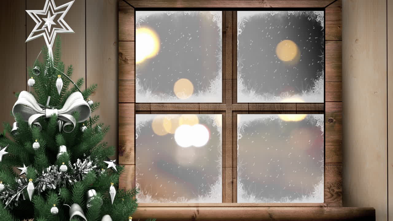 Animation of christmas tree window over snow falling and cars