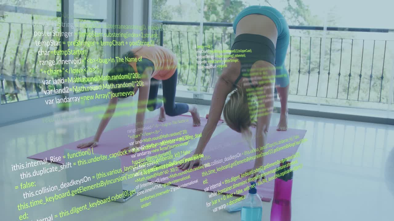 Animation of data processing over caucasian mother and daughter doing yoga