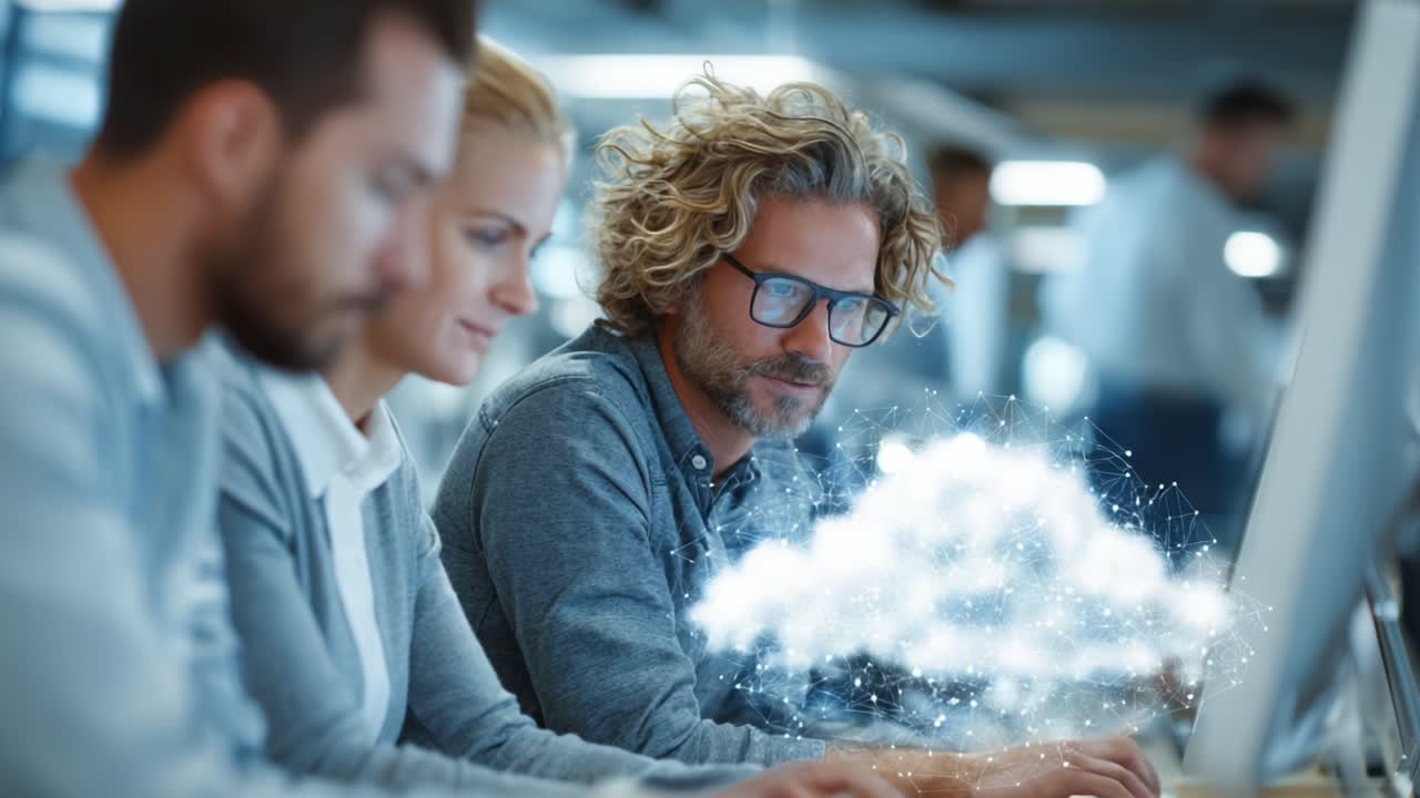 Engaged in Digital Innovation: A Focused Team Collaborates on a Cutting-Edge Cloud Technology Project, Harnessing the Power of Connectivity and Communication in Modern Workspaces