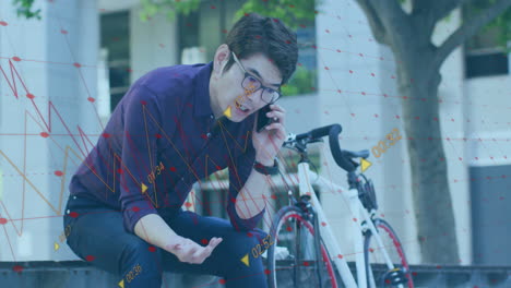 animation of graphs, changing numbers, asian sitting beside bicycle and talking on smartphone