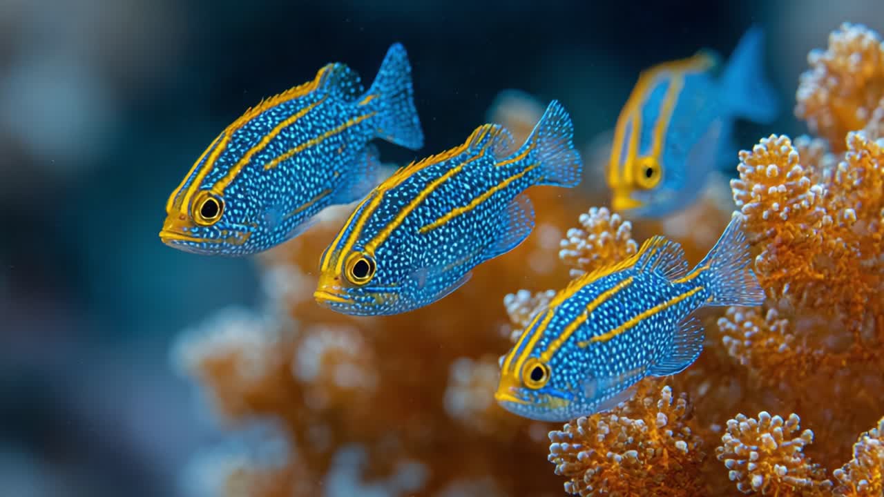 Underwater Spectacle: Vibrant Blue and Yellow Striped Fish Swimming Gracefully Among Coral, Showcasing the Stunning Diversity of Marine Life Beneath the Ocean's Surface