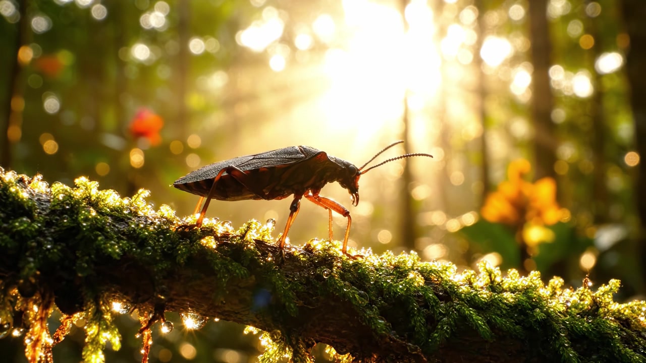 A Majestic Insect on a Moss-Covered Log Illuminated by Sunlight Filtering Through a Lush Forest, Capturing the Beauty of Nature in a Serene Moment