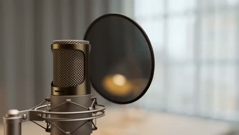 professional condenser microphone with pop filter in a recording setting