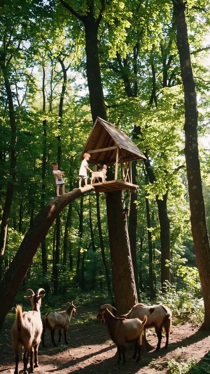 Children Play and Interact with Goats on a Treehouse in a Forest Setting