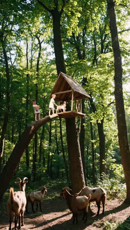 children play and interact with goats on a treehouse in a forest setting