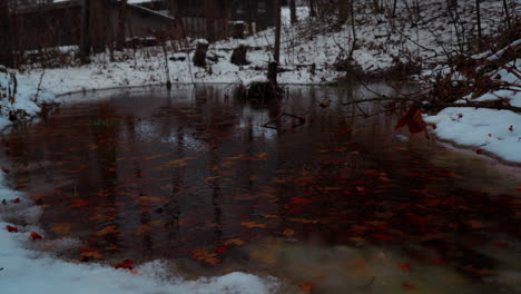 Regentropfen,-Die-Im-Winter-Sanft-In-Eine-Pfütze-Fallen,-Umgeben-Von-Einer-Mischung-Aus-Verschneiter-Landschaft-Und-Leuchtendem-Herbstlaub,-Schaffen-Eine-Atemberaubende,-Ruhige-Atmosphäre