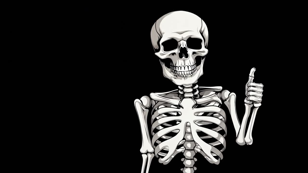 Cartoon skeleton giving a thumbs-up against a black background, captured from a front angle