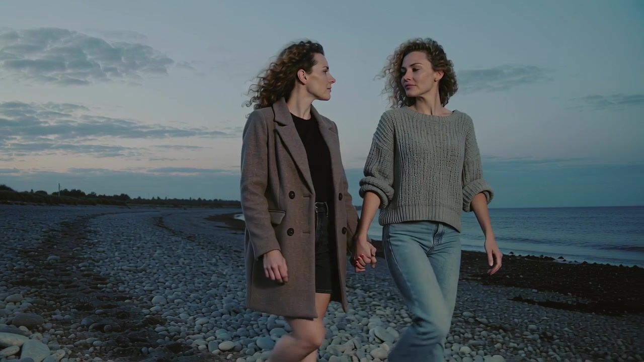 Coppia che si scambia sguardi camminando mano nella mano su una riva di ciottoli, indossando cappotto e maglione insieme