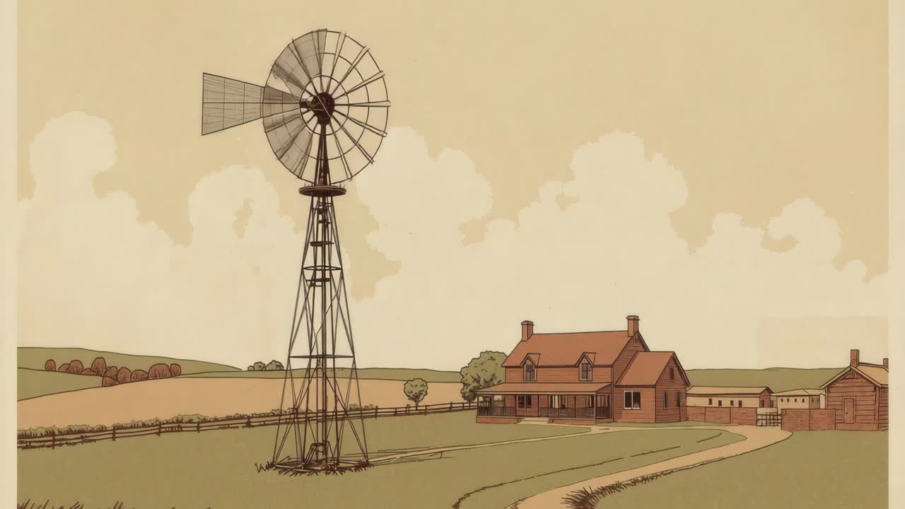 Vintage Farmhouse with Windmill Illustration