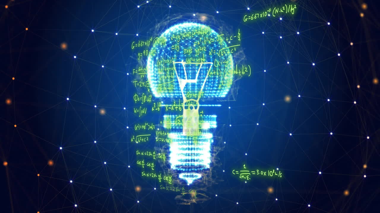 Animazione di equazioni matematiche su una lampadina e una rete.