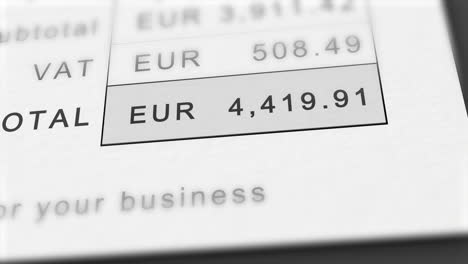 close up animation of growing invoice total in euros - stylized as eur