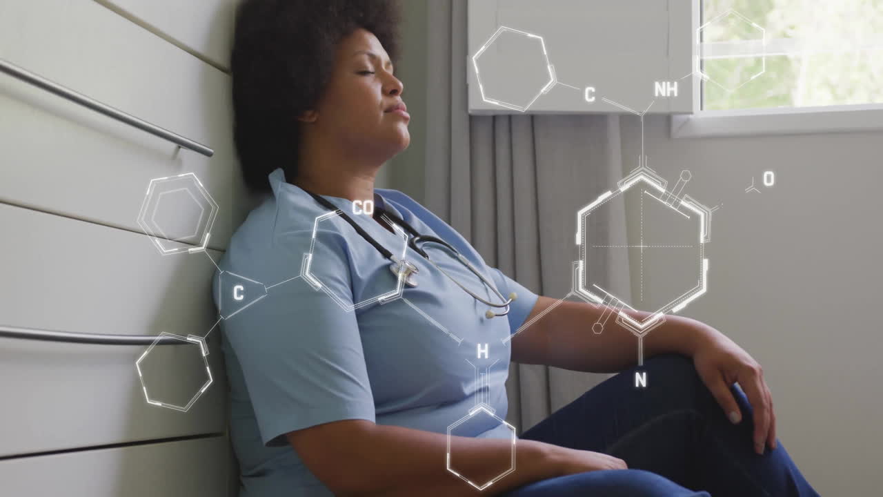 Animação de fórmula química sobre médica afro-americana cansada