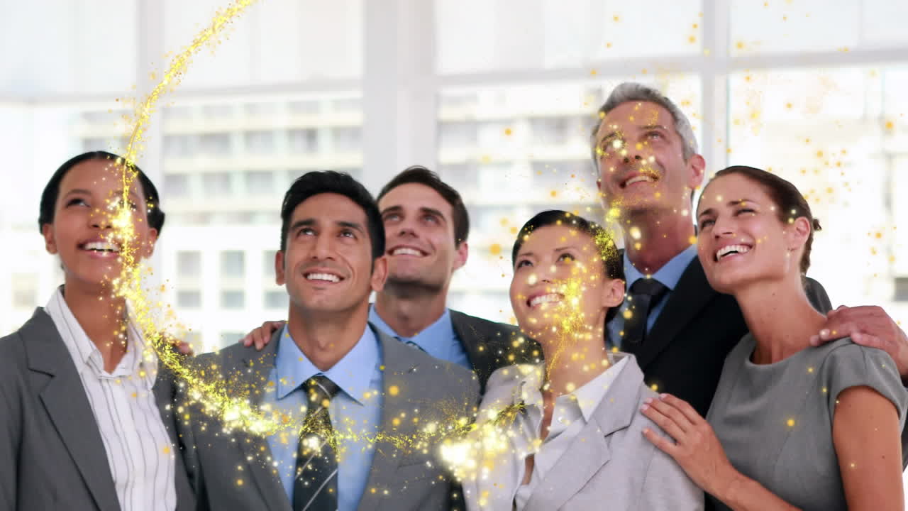 회의에서 사업가들 위에 떨어지는 별의 애니메이션