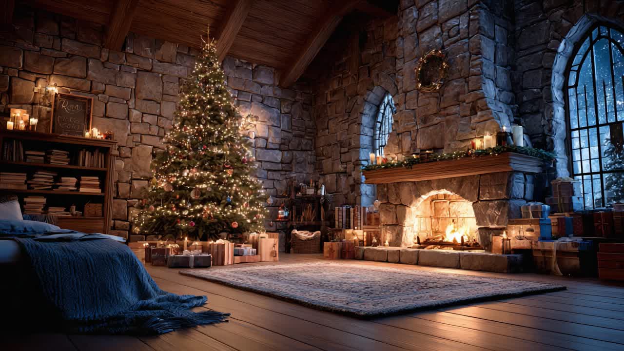 Cozy Winter Retreat: A Charming Room Adorned with a Beautiful Christmas Tree, Flickering Fireplace, and Seasonal Decorations, Emanating Warmth and Cheer