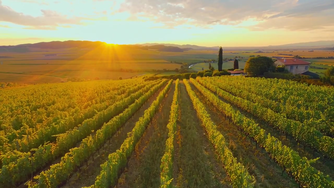 Vista aerea di un vigneto rigoglioso al tramonto in Toscana