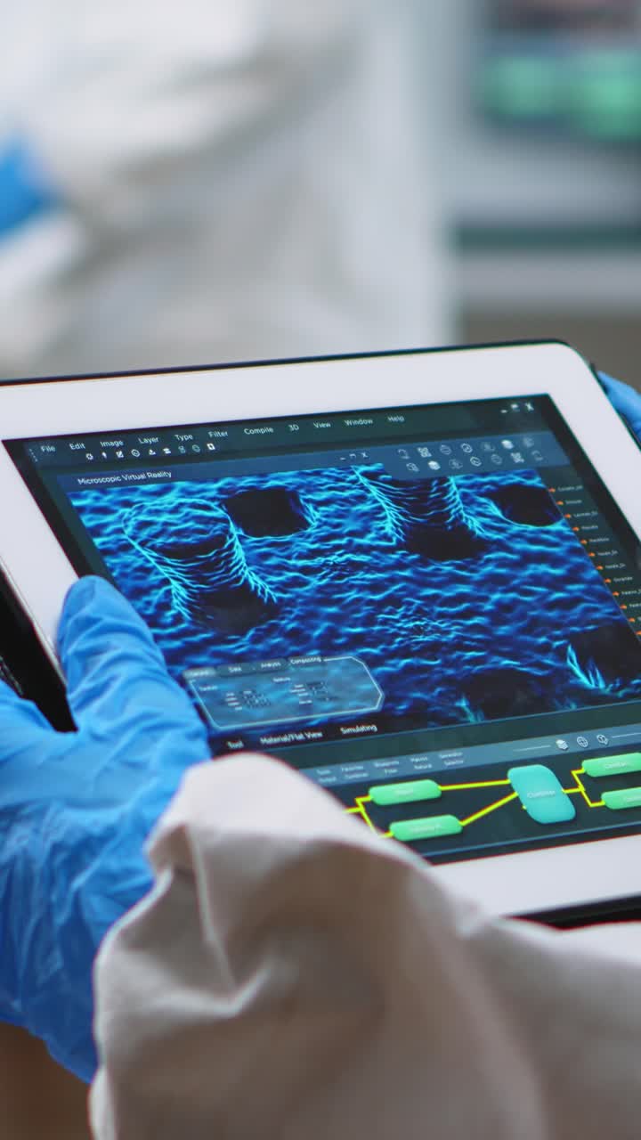 Vertical video: Back view of doctor in protection suit analyzing virus evolution