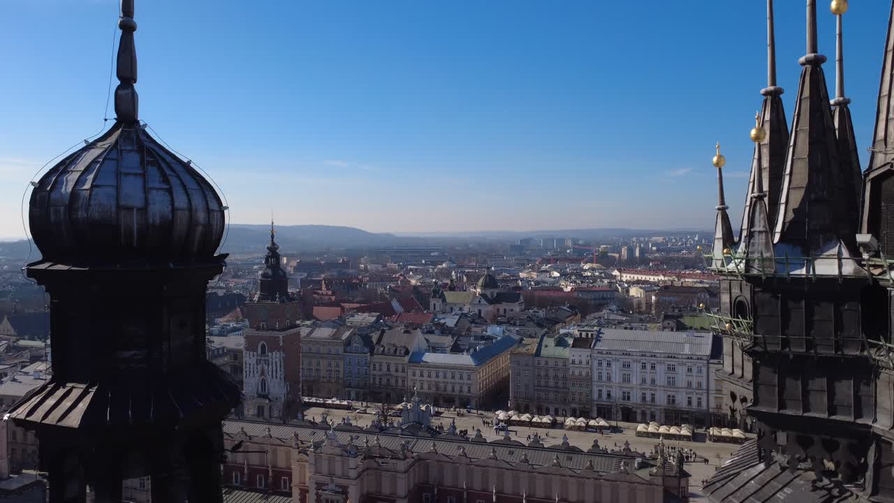 Aerial View of Krakow's Main Market Square with St. Mary's Basilica