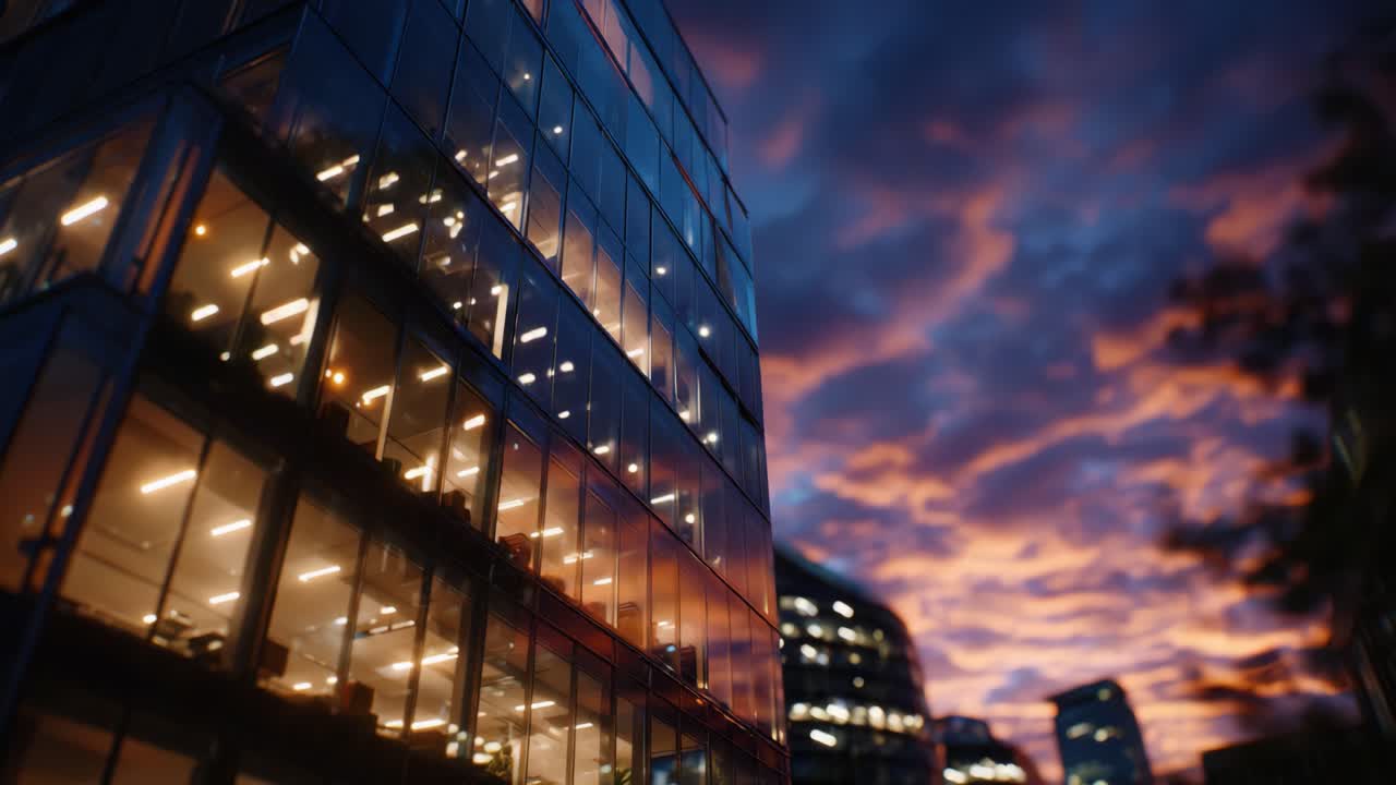 Reflexo crepuscular impressionante na arquitetura de vidro moderna em meio a um céu noturno colorido com nuvens dinâmicas e luz urbana ambiente em um ambiente metropolitano